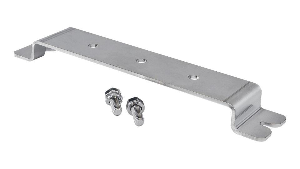 A stainless steel wall mounting bracket with three screw holes and shaped edges, accompanied by two mounting screws and nuts.